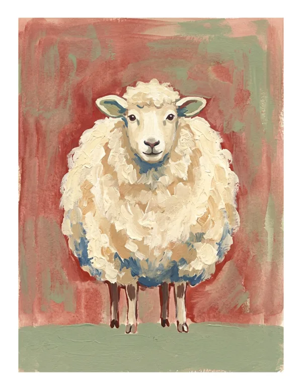 A painting of a fluffy white sheep standing on a green field with a red and green background.