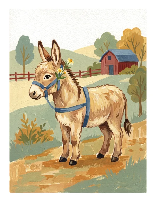 A light brown donkey wearing a blue halter and harness stands in a field with a red barn behind it.