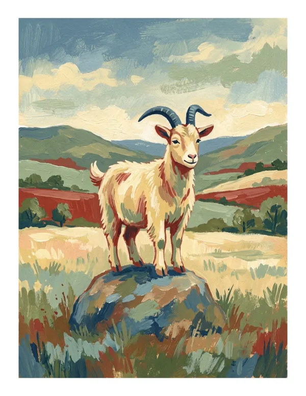 A golden-colored goat with dark horns stands proudly on a large rock in a grassy field.