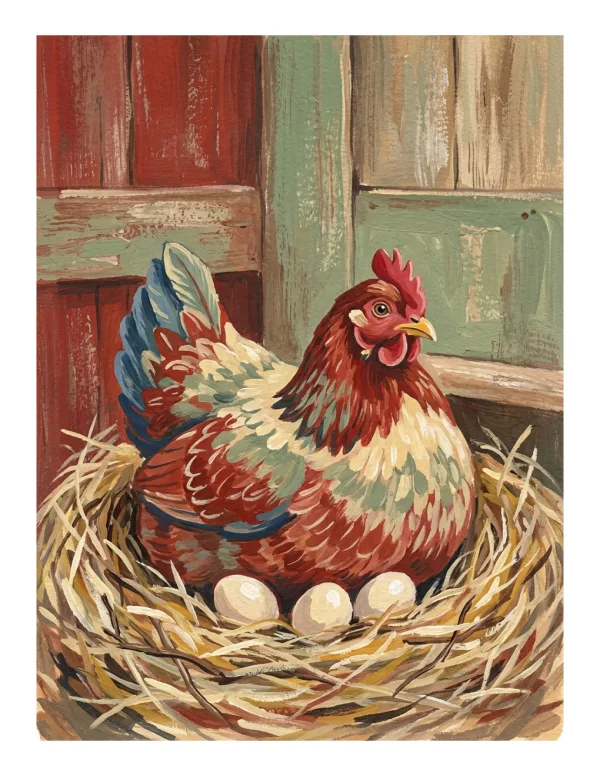 A hen with red, white, and blue feathers sits on a straw nest with three white eggs.