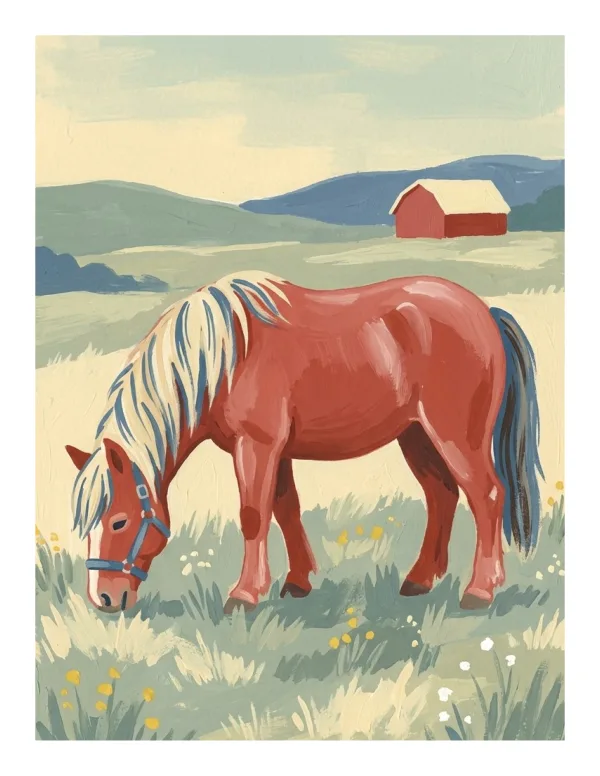 A red horse with a blue halter grazes in a grassy field with a red barn in the background.