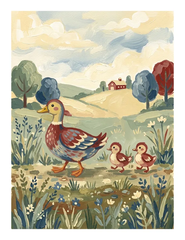 Painting of a mother duck with two ducklings following her in a grassy field with flowers and rolling hills in the background.