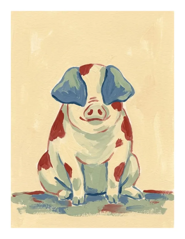 A painted illustration of a spotted pig sitting with its front legs tucked under its body.