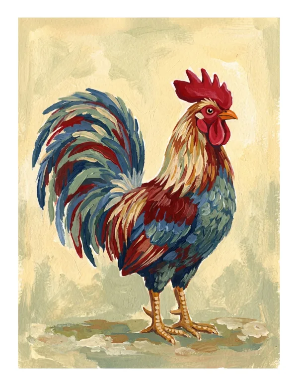 A colorful rooster with a red comb and wattles stands proudly on a textured ground against a pale yellow background.