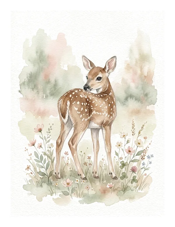 A watercolor painting of a young deer fawn with white spots looking back over its shoulder in a grassy field with flowers.
