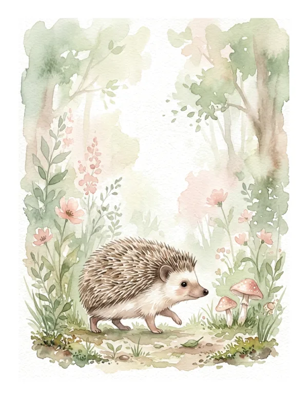 A watercolor painting of a small hedgehog walking on a mossy path past two mushrooms.