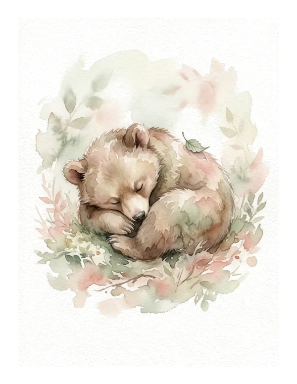 Watercolor painting of a fluffy bear cub curled up asleep in soft green and pink foliage.