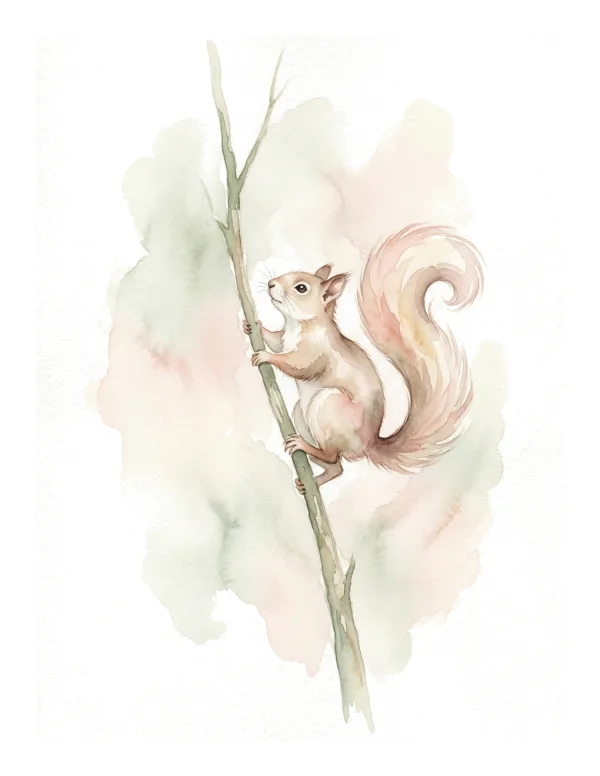 Watercolor painting of a light brown squirrel climbing a thin vertical branch with soft pastel background.