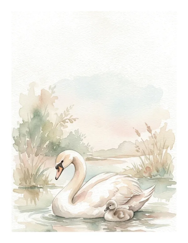 Watercolor painting of a mother swan and a small cygnet floating on calm water with soft trees in the background.