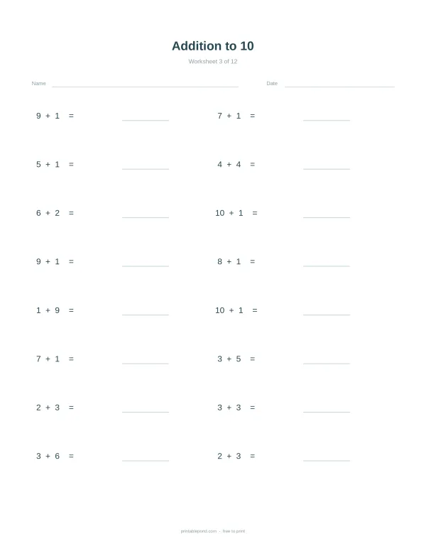 Worksheet with addition problems up to 10, spaces for answers, and fields for name and date.