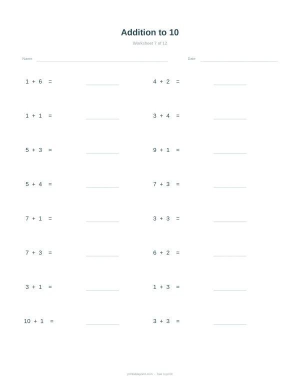 Addition problems with sums up to 10 and blank lines for answers, worksheet 7 of 12.