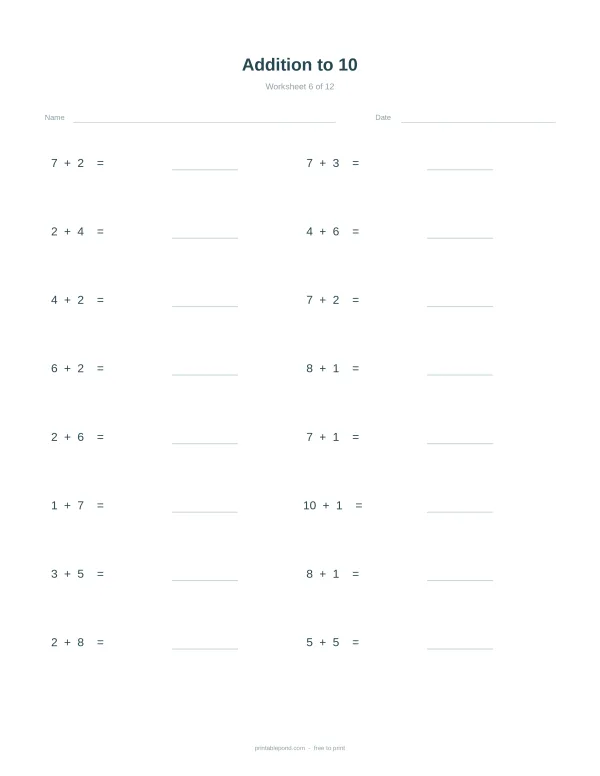 Worksheet with rows of simple addition problems for numbers up to 10, with space for answers.