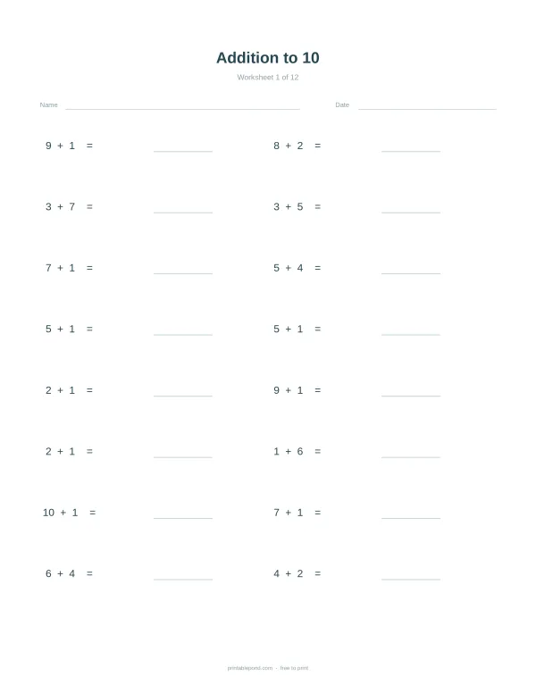 A math worksheet with addition problems up to 10, spaces for answers, and lines for name and date.