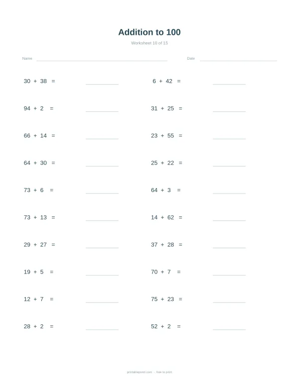 A math worksheet with addition problems up to 100, with spaces for answers.