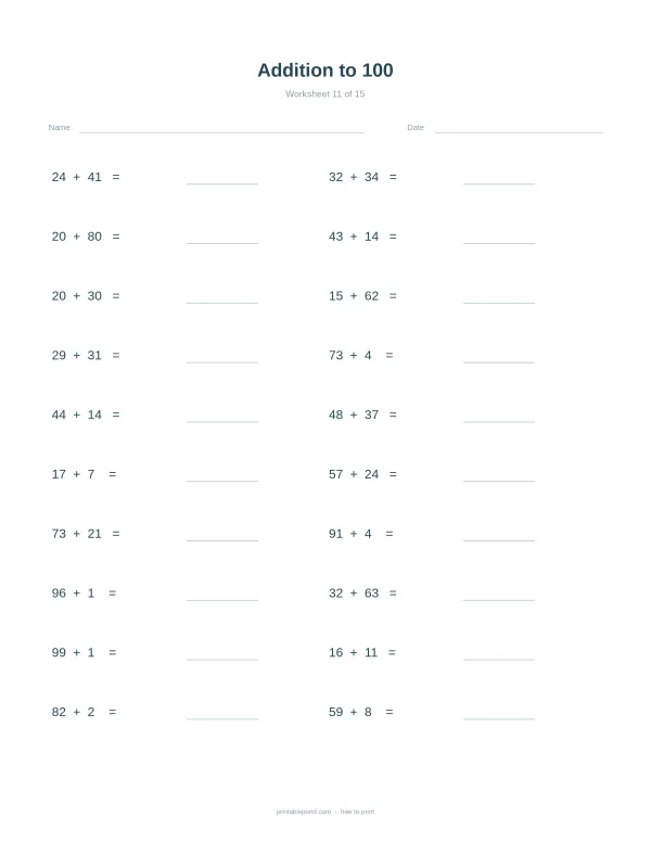 Addition problems up to 100 with blank spaces for answers, including fields for name and date.