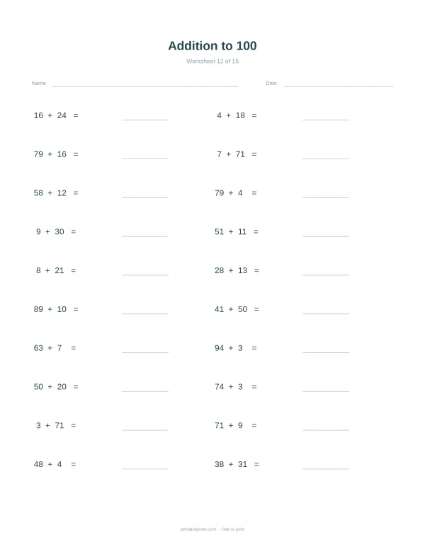 Addition to 100 worksheet with math problems and space for answers.