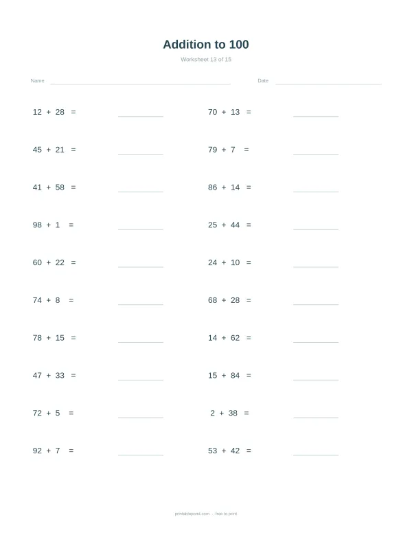 Addition problems worksheet with space for name and date, featuring sums up to 100.