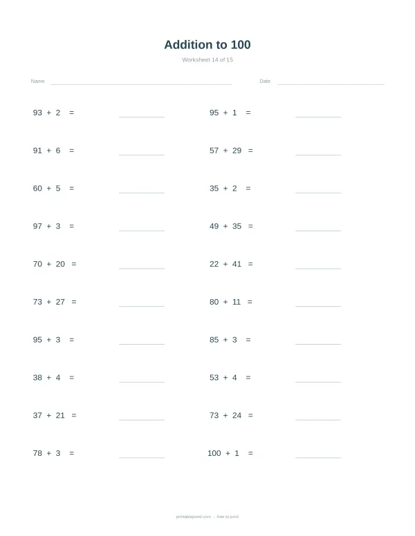 A math worksheet with addition problems up to 100, with space for answers.