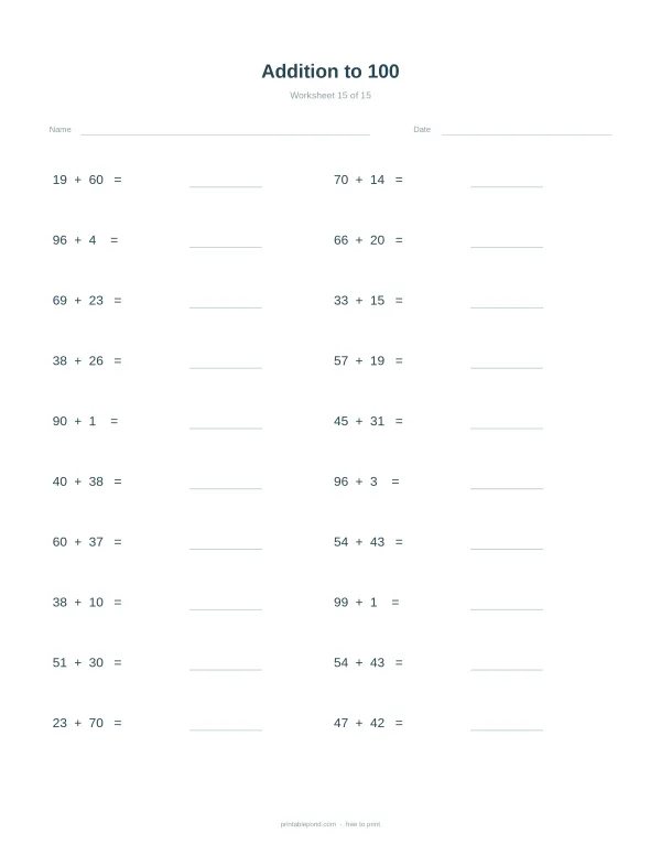 Addition problems to 100 with blank spaces for answers, for students to practice math.