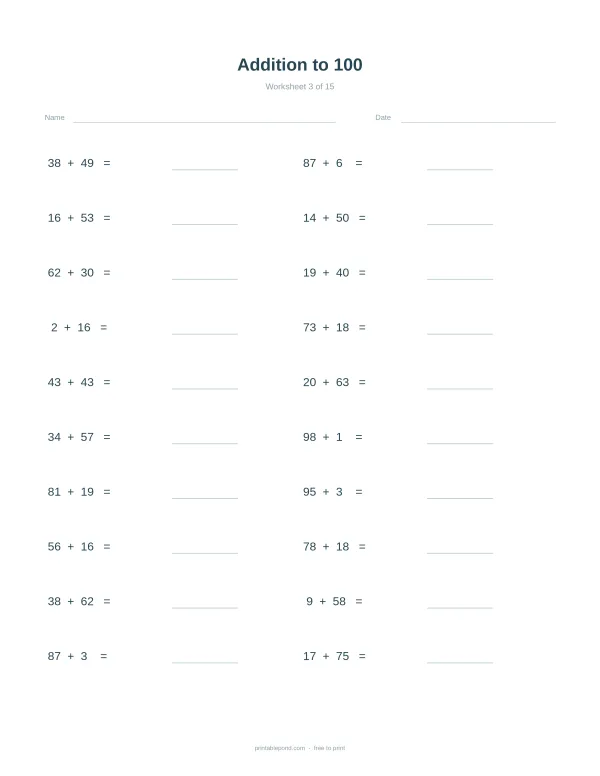 Addition to 100 worksheet with math problems and blank lines for answers.