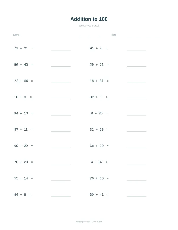 A math worksheet with addition problems up to 100, each with a blank line for the answer.