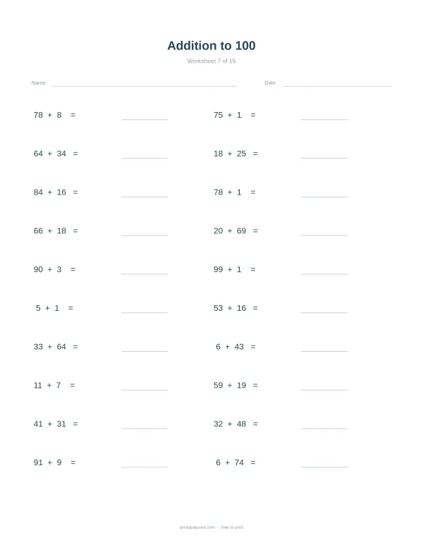 Addition math problems to 100 with blank spaces for answers.