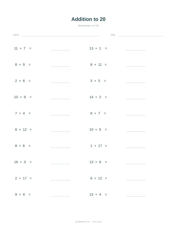 A math worksheet with addition problems up to 20, each with a blank line for the answer.