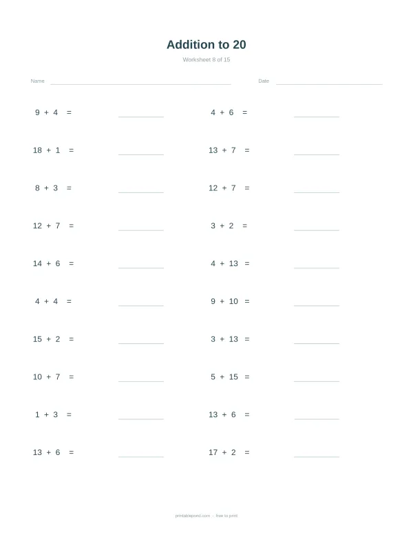 Addition problems up to 20 with blank lines for answers, titled 'Addition to 20 Worksheet 8 of 15'.