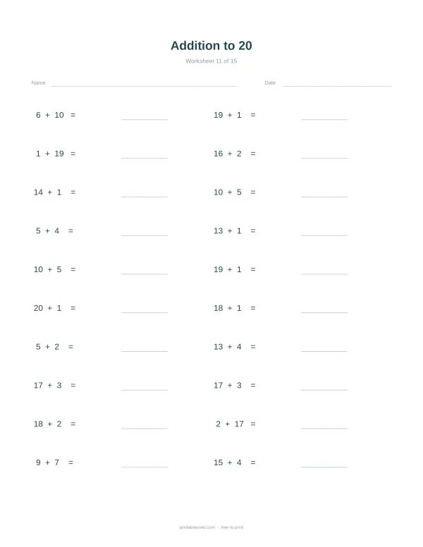 A math worksheet with addition problems up to 20, spaces for answers, name, and date.