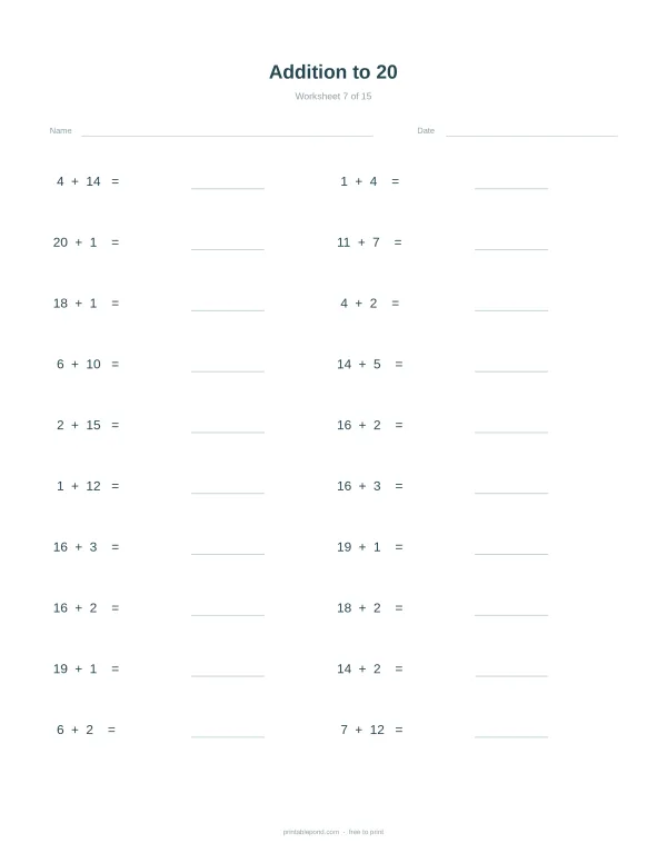 A math worksheet with addition problems up to 20, with blank lines for answers.
