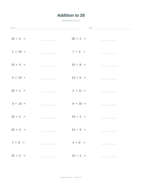 Worksheet with math problems for addition up to 20, with lines for writing answers.