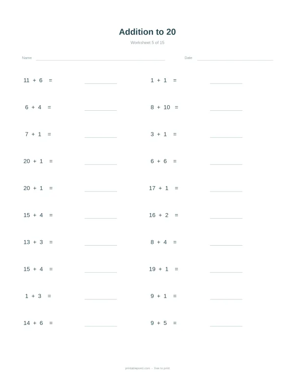 Addition problems up to 20 with blank spaces for answers, worksheet titled Addition to 20.