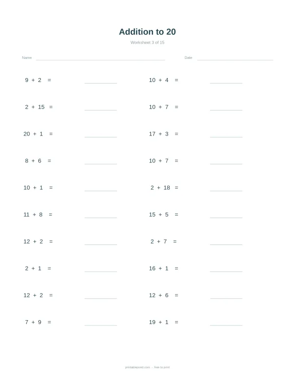 A math worksheet with addition problems up to 20, leaving space for answers.