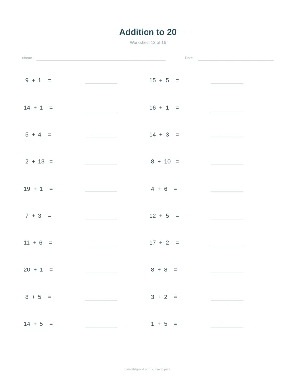 Addition math problems up to 20 with blank lines for answers, labeled Addition to 20 Worksheet 13.