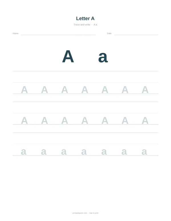Uppercase and lowercase letter A tracing lines on a white worksheet with name and date fields.