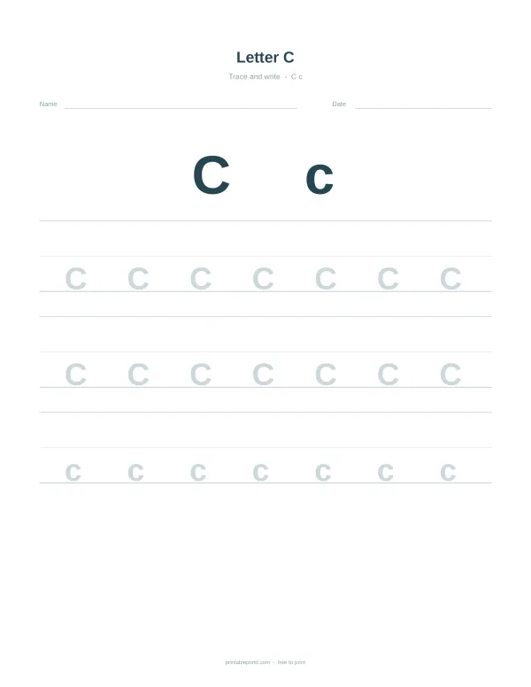 Tracing lines with uppercase and lowercase letter C for handwriting practice.