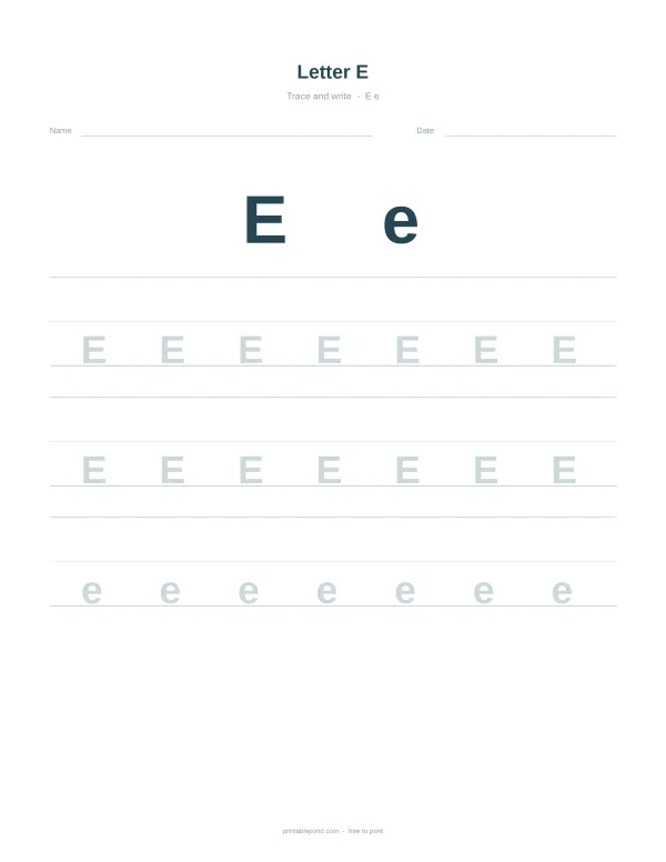 Worksheet with large uppercase and lowercase E followed by rows of dashed uppercase and lowercase E for tracing.