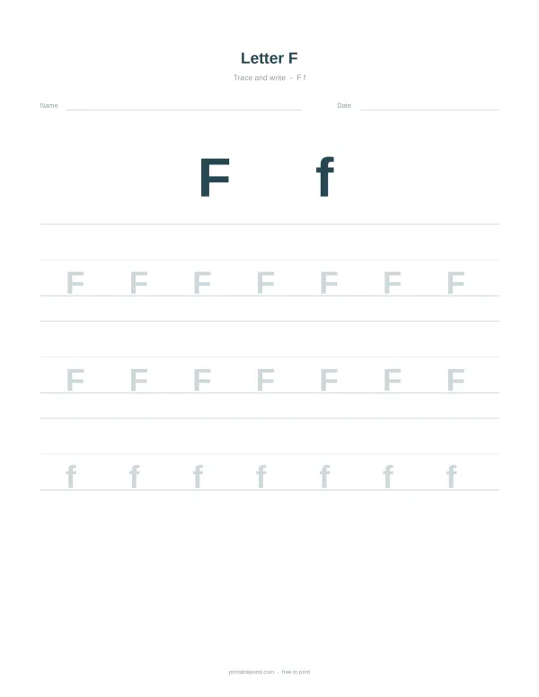 Uppercase and lowercase letter F tracing lines worksheet, with dotted letters to guide writing.