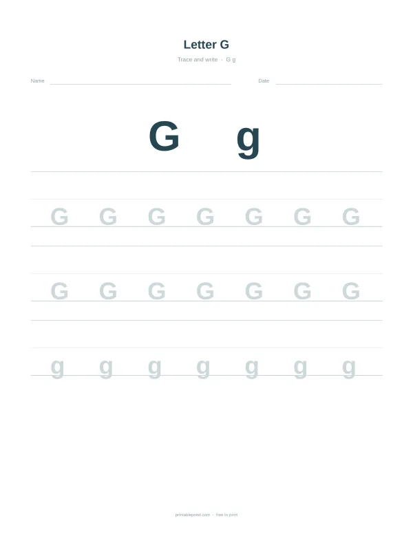 Worksheet with uppercase and lowercase letter G examples and lines for tracing practice.