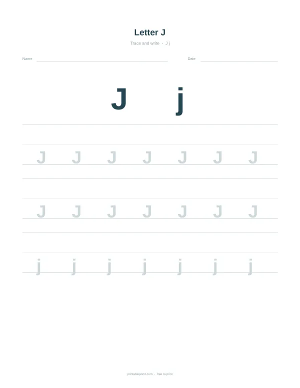 Uppercase and lowercase letter J for tracing practice on lined paper.