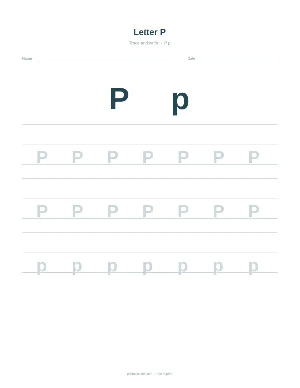 Uppercase and lowercase letter P repeated on lines for tracing practice on a white worksheet.
