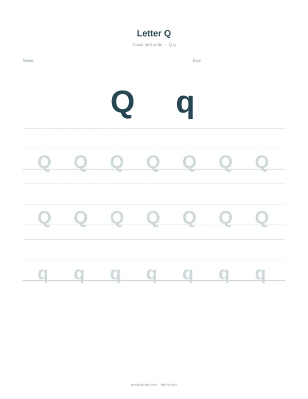 Worksheet for tracing the uppercase and lowercase letter Q with dotted lines for practice.