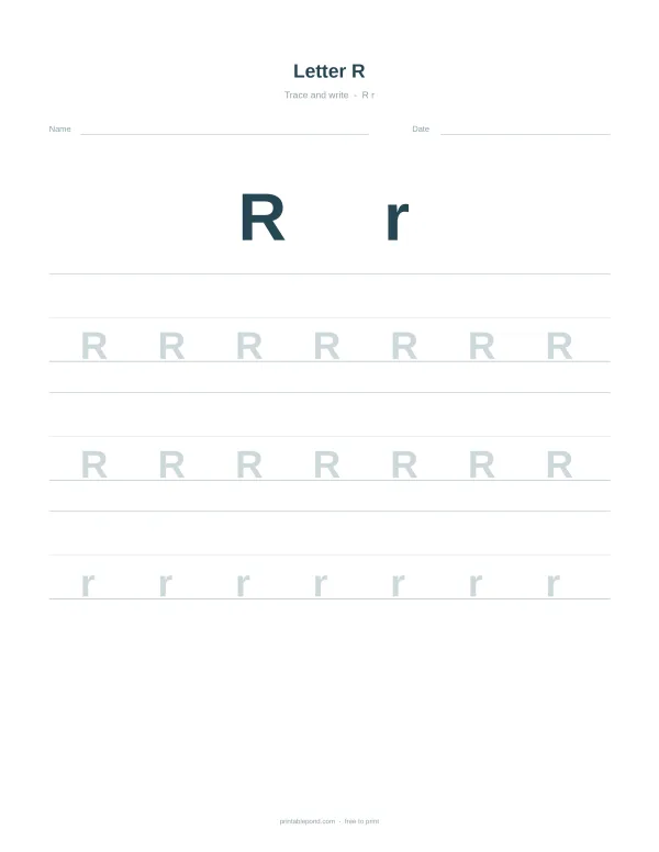 Uppercase and lowercase R letters for tracing practice on ruled lines.
