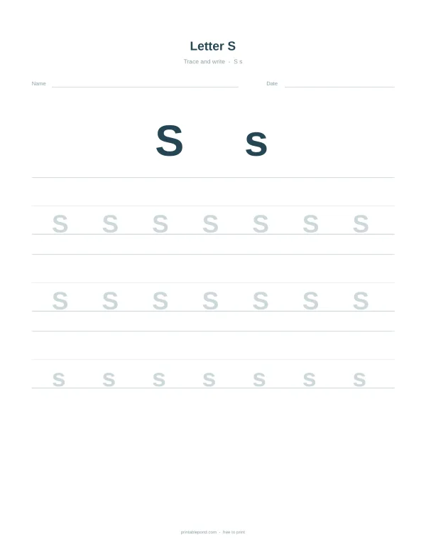Uppercase and lowercase letter S for tracing practice on a white worksheet with lines.