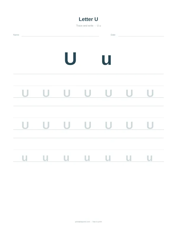 Worksheet with large uppercase and lowercase U, followed by rows of dotted U's to trace.