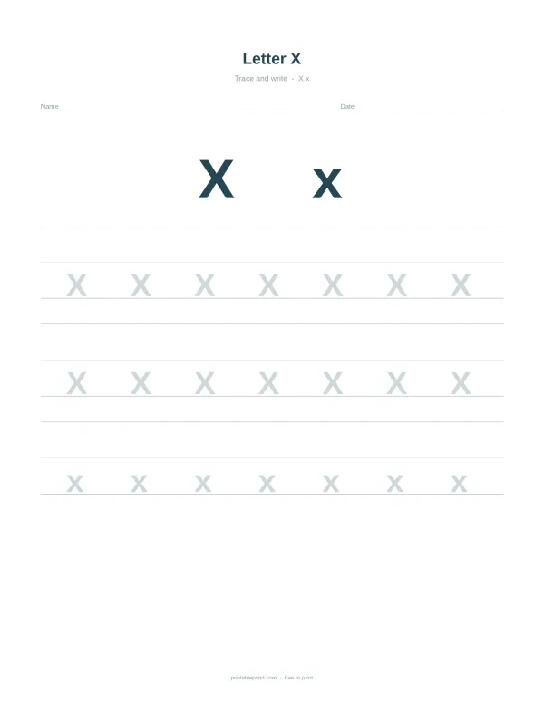 Worksheet with large uppercase X and rows of dotted uppercase X for tracing practice.