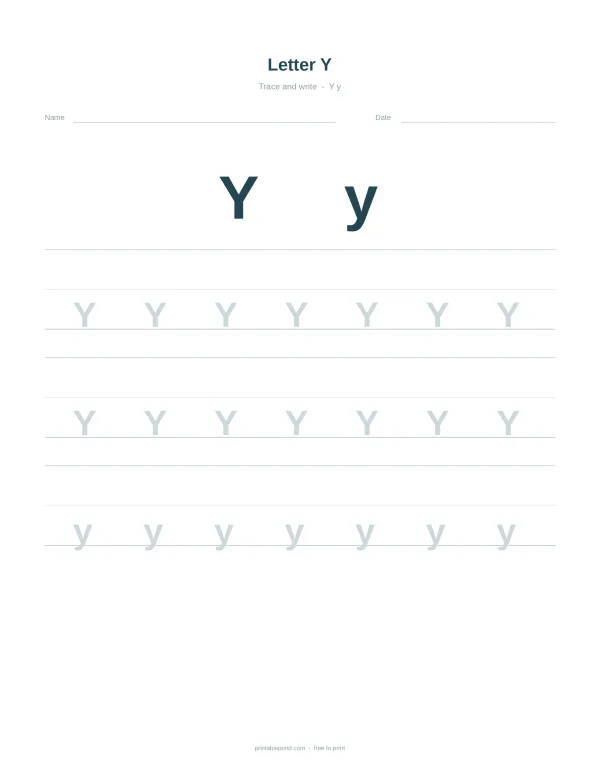 Uppercase and lowercase letter Y are shown, followed by rows of traceable uppercase and lowercase Ys on lined paper.
