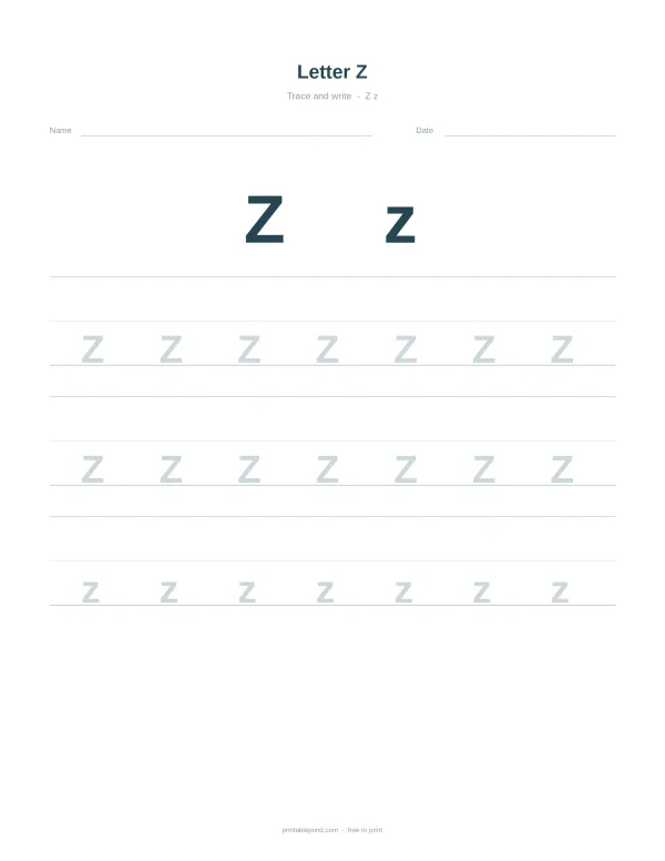 Uppercase and lowercase letter Zs for tracing practice on a white worksheet with ruled lines.