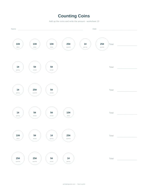 Worksheet with rows of circles containing coin denominations for counting practice.