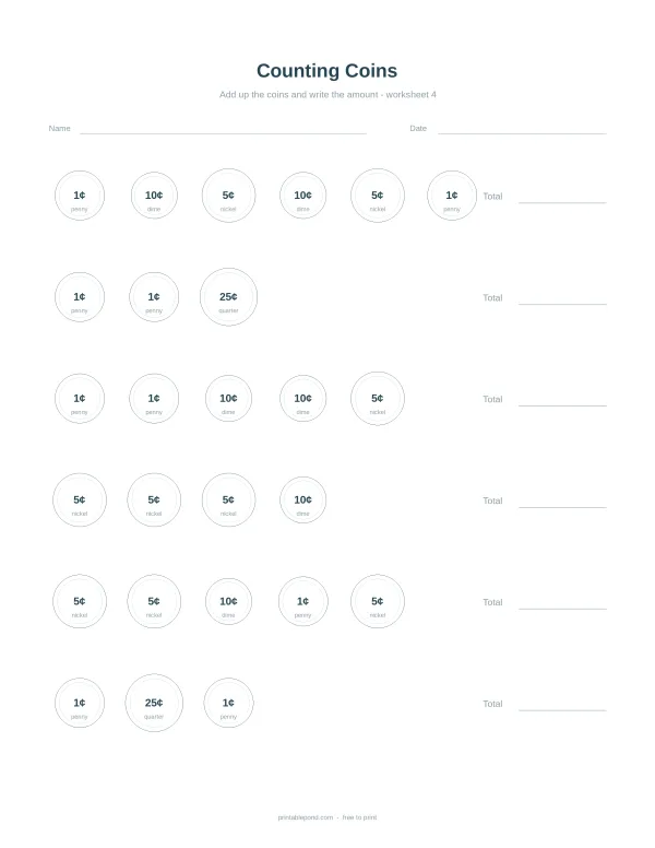 Worksheet with rows of circles containing coin values and space to write the total.